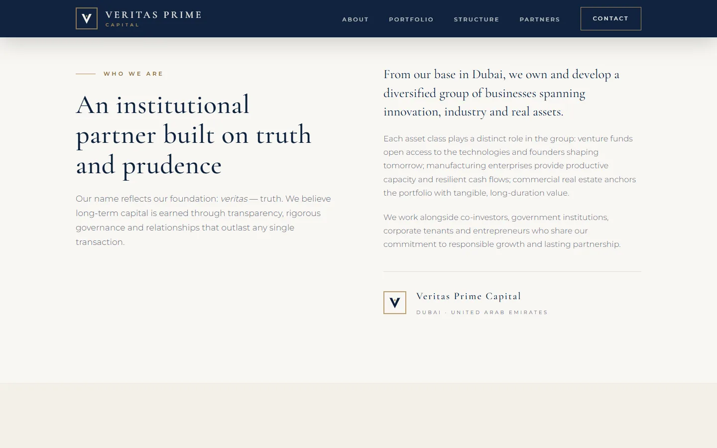 Veritas Prime Capital — xalqaro xolding korporativ sayti — skrinshot 1