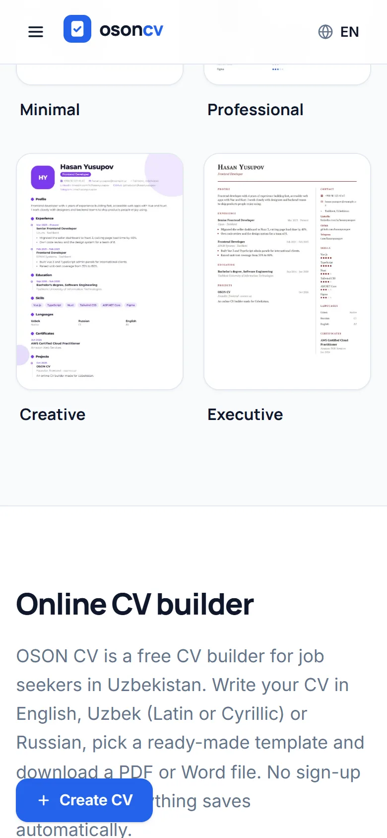 OSON CV — бесплатный онлайн-конструктор резюме — мобильный скриншот 7
